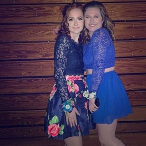 Two piece navy floral hoco dress